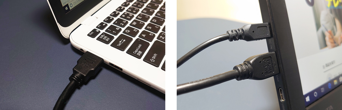 左：Windows笔记本电脑的HDMI端子右：移动型监视器"LCD-CF131XDB-M"的HDMI(小型)端子和电源适配器